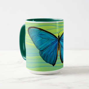 Aqua Blue Vlinder op Groene Abstracte Mok Cup