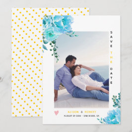 Aqua blue waterverf, bladeren geel foto save the date