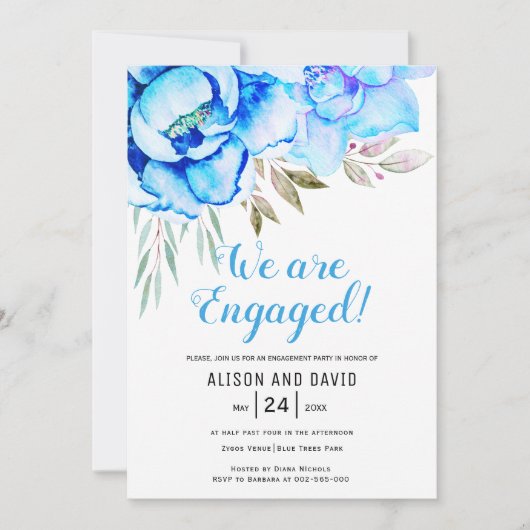 Aqua blue waterverf bloembloemen bloemenverloving kaart (Voorkant)