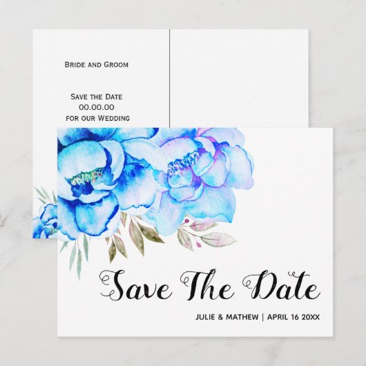 Aqua blue waterverf bloemen floral Save the Date Briefkaart (Voorkant / Achterkant)