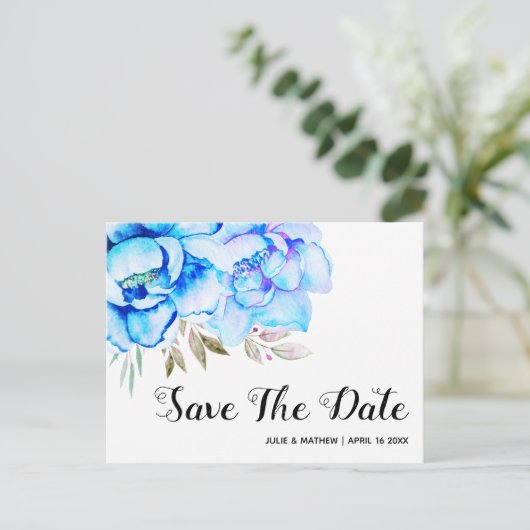Aqua blue waterverf bloemen floral Save the Date Briefkaart (Staand voorkant)