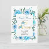 Aqua blue waterverf bloemen floreel Bat Mitzvah Kaart (Staand voorkant)