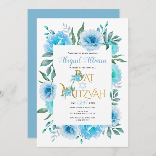 Aqua blue waterverf bloemen floreel Bat Mitzvah Kaart (Voorkant / Achterkant)