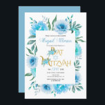 Aqua blue waterverf bloemen floreel Bat Mitzvah Kaart<br><div class="desc">Aqua blue waterverf bloemen florale Bat Mitzvah Invitation. Deze mooie uitnodiging laat een bloemige rand zien,  gemaakt van blauwe cactus bloemen,  de tekst "Bat Mitzvah" in goud in een decoratief lettertype en jouw tekst.</div>