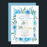 Aqua blue waterverf bloemen floreel Bat Mitzvah Kaart<br><div class="desc">Aqua blue waterverf bloemen florale Bat Mitzvah Invitation. Deze mooie uitnodiging laat een bloemige rand zien,  gemaakt van blauwe cactus bloemen,  de tekst "Bat Mitzvah" in goud in een decoratief lettertype en jouw tekst.</div>