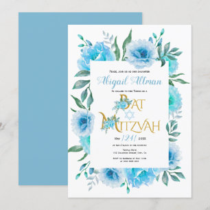 Aqua blue waterverf bloemen floreel Bat Mitzvah Kaart