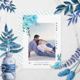 Aqua blue waterverf bloemen, groene bladeren foto save the date