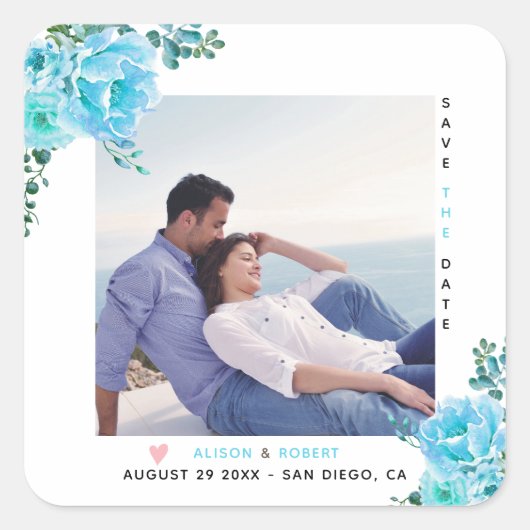 Aqua blue waterverf bloemen, groene bladeren foto vierkante sticker (Voorkant)