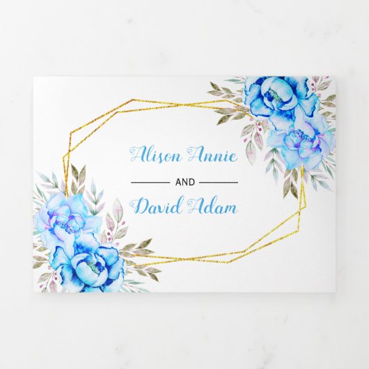 Aqua blue waterverf bloemen met RSVP bruiloft Drieluik Uitnodiging (Cover)