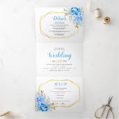 Aqua blue waterverf bloemen met RSVP bruiloft Drieluik Uitnodiging (Binnen)