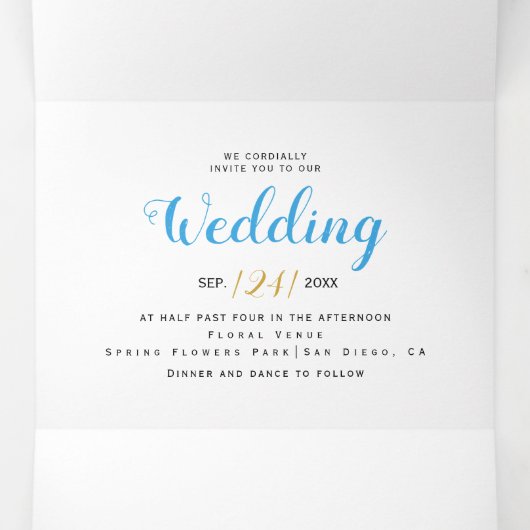 Aqua blue waterverf bloemen met RSVP bruiloft Drieluik Uitnodiging (Binnenkant midden)