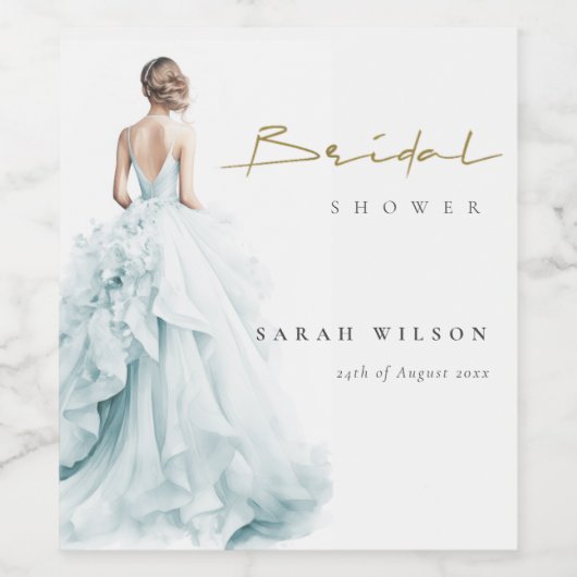 Aqua Blue Waterverf Bruidsjurk Vrijgezellenfeest Wijn Etiket (Enkel label)