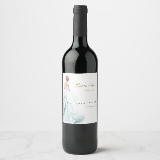 Aqua Blue Waterverf Bruidsjurk Vrijgezellenfeest Wijn Etiket (Voorkant)