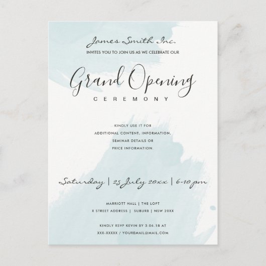 AQUA BLUE WATERVERF BRUSHSTROKE OPENING CEREMONY BRIEFKAART (Voorkant)
