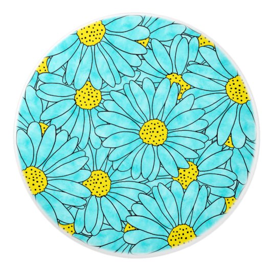 Aqua Blue Waterverf Daisy Pattern Keramische Knop (Voorkant)