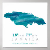 Aqua Blue Waterverf JAMAICA Map Coordinates Poster (Voorkant)
