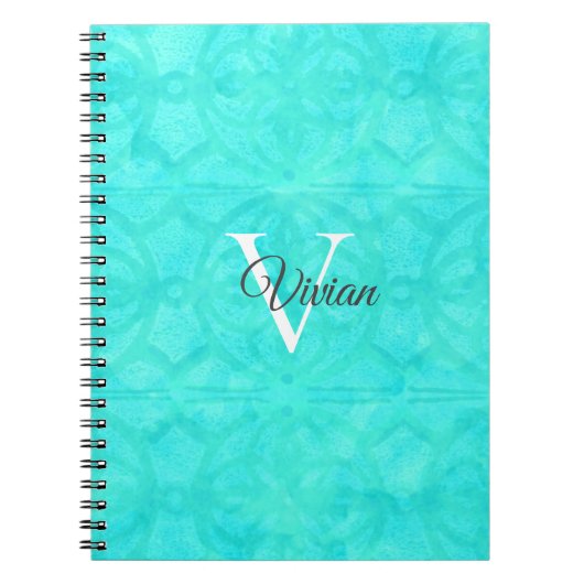 Aqua Blue Waterverf Monogram Naam Notitieboek (Voorkant)