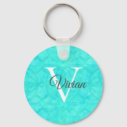 Aqua Blue Waterverf Monogram Naam Sleutelhanger (Voorkant)