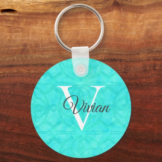 Aqua Blue Waterverf Monogram Naam Sleutelhanger (Voorkant)