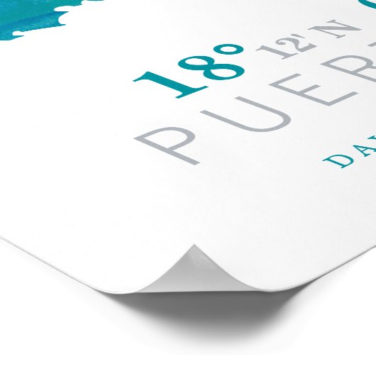 Aqua Blue Waterverf Puerto Rico Map Coordinates Poster (Hoek)