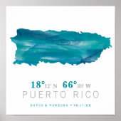 Aqua Blue Waterverf Puerto Rico Map Coordinates Poster (Voorkant)