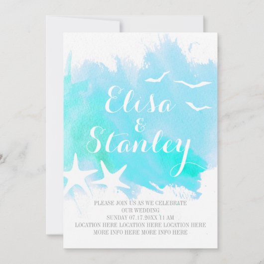Aqua blue waterverf, stervisstrand bruiloft kaart (Voorkant)