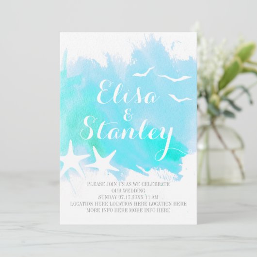 Aqua blue waterverf, stervisstrand bruiloft kaart (Staand voorkant)