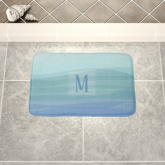 Aqua Blue Waterverf Waves Monogram Badmat