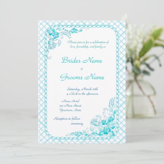 Aqua Blue Wedding Uitnodiging (Staand voorkant)