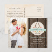 Aqua Blue Western Hoefijzer Save the Date Briefkaa Aankondigingskaart (Voorkant / Achterkant)