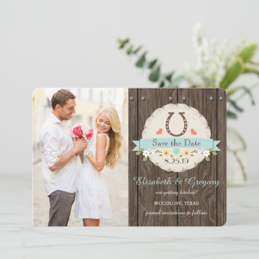 AQUA BLUE Western Hoefijzer Save the Date Kaart (Staand voorkant)