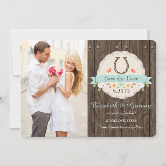 AQUA BLUE Western Hoefijzer Save the Date Kaart (Voorkant)