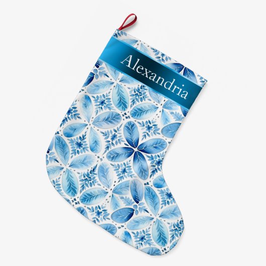 Aqua Blue White Batik Bloemen Kerstnaam Grote Kerstsok (Voorkant (Hangend))