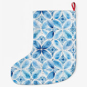 Aqua Blue White Batik Bloemen Kerstnaam Grote Kerstsok (Achterkant)