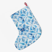 Aqua Blue White Batik Bloemen Kerstnaam Grote Kerstsok (Achterkant (Hangend))