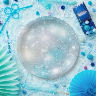 Aqua Blue White Bokeh Verjaardag Papieren Bordje