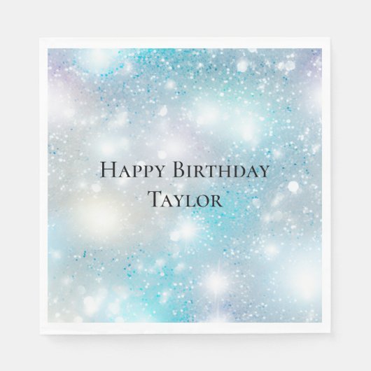 Aqua Blue White Bokeh Verjaardag Servet (Voorkant)