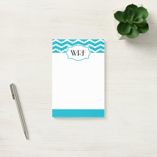 Aqua Blue White Chevron Patterned Monogrammed Post-it® Notes (Kantoor)