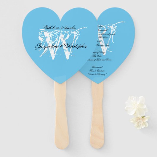 Aqua Blue & White Chic Monogram Wedding Program Handwaaier (Voorkant en achterkant)