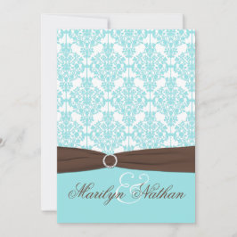 Aqua Blue, White Damask met bruin AFGEDRUKT lintje Kaart