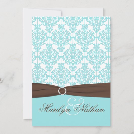 Aqua Blue, White Damask met bruin AFGEDRUKT lintje Kaart (Voorkant)