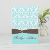 Aqua Blue, White Damask met bruin AFGEDRUKT lintje Kaart (Staand voorkant)