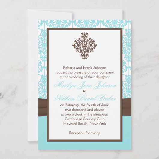 Aqua Blue, White Damask met bruin AFGEDRUKT lintje Kaart (Achterkant)