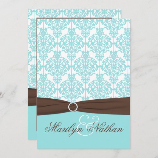 Aqua Blue, White Damask met bruin AFGEDRUKT lintje Kaart (Voorkant / Achterkant)