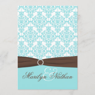 Aqua Blue, White Damask met bruin AFGEDRUKT lintje Kaart