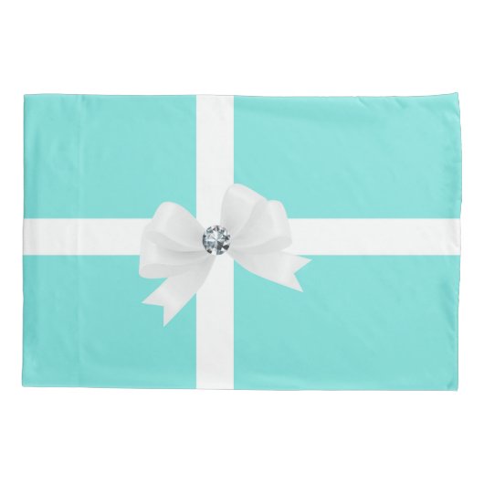Aqua Blue & White Elegant Glam Diamond Bow Kussensloop (Achterkant)