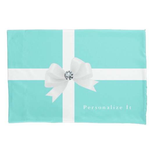 Aqua Blue & White Elegant Glam Diamond Bow Kussensloop (Voorkant)