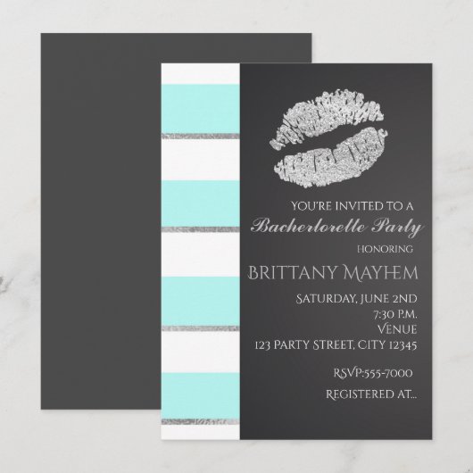 Aqua Blue & White Faux Silver Lips Kiss Party Kaart (Voorkant / Achterkant)