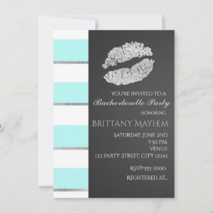 Aqua Blue & White Faux Silver Lips Kiss Party Kaart