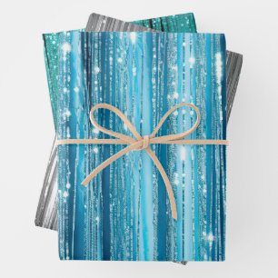 Aqua Blue White Glam Tinsel Stripes Gift Labels Inpakpapier Vel
